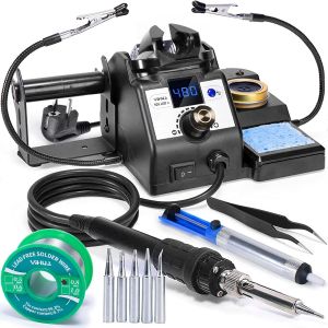VornixorSarlshop926LED-IV Station de soudage 60W 90 480&deg;C Kit de soudure avec 2 mains secourables, distributeur de fil &agrave; souder, 5 pannes &agrave; souder suppl&eacute;mentaires, pompe &agrave; dessouder,soudure sans plom - Neuf