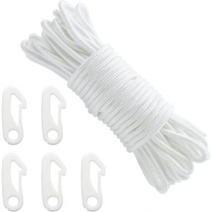 Mevronisshop-20m Corde De Drapeau Avec 5 Pcs Clip De Fixation Du M&acirc;t 6mm Corde En Nylon Cordes De M&acirc;t De Drapeau Drisse De Ligne De Drapeaux Pour Ext&eacute;rieur Drapeaux V&ecirc;tements Camping Voile (Blanc) - Neuf