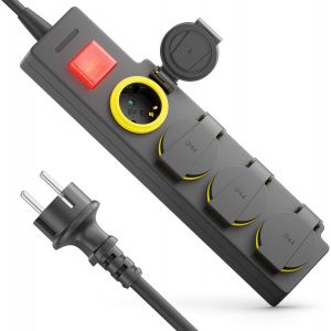 4 Compartiments Ext&eacute;rieur Multiprise avec C&acirc;ble de 3,0m pour Usage Ext&eacute;rieur 4X Prises de Contact de Protection IP44 R&eacute;sistant aux &Eacute;claboussures Bouton on/Off Jardin Terrasse Balcon Garage - Neuf