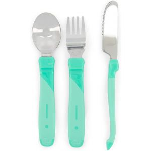 Kal-Couverts B&eacute;b&eacute; 12m+ En Acier Inoxydable U2013 Cuill&egrave;re + Fourchette + Couteau, Lot De 3 U2013 Set Sevrage Sans Bpa U2013 Accessoire Repas Enfant U2013 Vert - Neuf