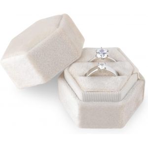 Boîte À Bagues En Velours, Pour Bijoux Fentes Doubles Hexagone Boîte À Bague Pour Fiançailles Cérémonie Mariage Saint Valentin Tenant 2 Bagues (Beige) - Neuf