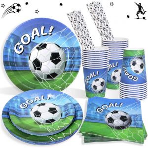 MEVRONISSHOP-Decoration Assiette Anniversaire Foot Kit pour 25 Invit&eacute;s, Vaisselle Football Assiettes, Serviette,Pailles,Tasse pour D&eacute;corations Anniversaire Gar&ccedil;on - Neuf