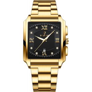 Eryi-Montre Homme Rectangulaire Etanche : Montre Homme Bracelet Acier Inoxydable Analogique Quartz 3atm Etanche Avec Index Strass Calendrier Et Aiguilles Luminescent- Cadeau Anniversaire - Neuf