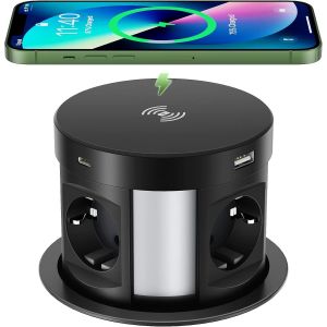Prise De Table Escamotable 4 Prises Avec 2 Usb C 2 Usb A - Prise De Table Rétractable - Noir - Avec Chargeur Sans Fil - Câble De 1,8 M - Pour Bureau, Cuisine - Neuf