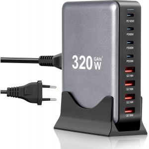 Chargeur Usb C 320 W : 8 Ports Usb C Chargeur Rapide Usb C Avec 4 Usb-C Et 4 Usb-A - Chargeur Rapide Pd 3.0 Adaptateur D'Alimentation Pour Ordinateur Portable, Macbook, Ipad, Iphone, Sumsung - Neuf