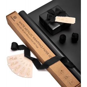 Papier Cadeau Métallisé Noir 43 Cm Avec 3 Rouleaux De Rubans Noirs À Franges Et 6 Étiquettes Cadeaux, Ensemble De Papier Cadeau De Luxe Imperméable Pour Anniversaire, Mariage Et Noël - Neuf