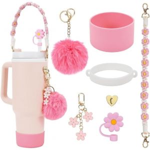 Kalanka-Stanley Cup Accessoires 7 Pièces Comprenant Une Sangle De Poignée Couvercles En Paille Des Étuis Silicone Pour Gobelets 1200 Ml Et 850 Ml Tasses Non Incluses (Rose) - Neuf