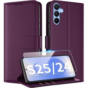 Kal-Coque Pour Samsung Galaxy S25 5g / S24 5g Coque Etui Avec Verre Trempé Porte Carte À Rabat Clapet Portefeuille En Cuir Pochette Flip Case Étui Cover Housse Protection Coque,Violet Foncé - Neuf