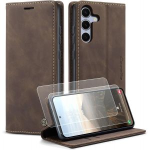 LORANKA-Coque pour Samsung Galaxy S25 5G Etui Housse Premium en Cuir Protection Pochette Portefeuille Rabat Clapet Cover Porte Carte Magn&eacute;tique Flip Case pour Samsung S25-2 Verre Tremp&eacute; (Caf&eacute;) - Neuf