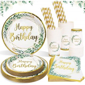Mevronisshop-Set Vaisselle Anniversaire Verte Pour 25 Invit&eacute;s, 125pcs Vaisselle De F&ecirc;te Assiette Anniversaire Vert Sauge, Serviette, Pailles, Tasse Pour Decoration Gar&ccedil;ons Filles Femmes F&ecirc;te - Neuf