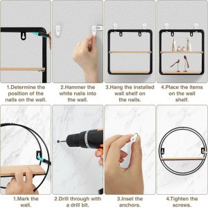 Lot De 3 Etagere Murale Noire En Métal, Étagères Flottantes Étagères Murales, Décoration Murale, Rangement Et Étagère À Livres Pour Salle De Bain, Salon, Cuisine, Chambre, Rond + Carré - Neuf