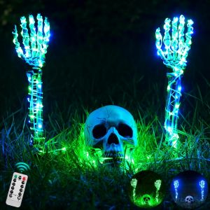 Jgd-Maxee Kit Squelette Lumineux Pour Halloween, 1 T&ecirc;te De Mort Et 2 Mains De Cr&acirc;ne Avec Guirlande Lumineuse De 5 M Et T&eacute;l&eacute;commande (8 Modes Et Minuterie), 2 Guirlandes Lumineuses Bleues (3 Modes), - Neuf
