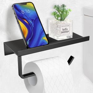 ¿Noir¿Porte-Papier Toilette Mural sans Perçage, Support Papier WC en Aluminium avec étagères Spacieuses - Neuf