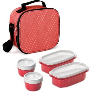 Urban Food Casual,Sac Thermique Porte-Aliments Avec 4 Containers D`Aliments Inclus. Sac Textile Couleur Framboise,À Pois Blancs. Mesures 22.5 X 10 X 22 Cm - Neuf