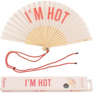 Éventail avec message en anglais ''i'm hot''. Éventail moderne et amusant en bois Éventail pliant crème et rouge. Dimensions : 42,5 x 23 cm. Bois et textile. ACA23120 Hot, Beige - Neuf
