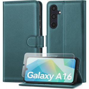 JGD-Coque pour Samsung Galaxy A16 avec Verre Tremp&eacute;, &eacute;tui Cuir PU Magn&eacute;tique [ Pochette de Portefeuille ], Housse de Fonction Stand Video Porte Carte Credit &agrave; Rabat Case Vert Turquoise - Neuf