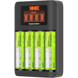 Chargeur Piles Rechargeables AA et AAA avec 4 Piles AA Minh Rechargeables incluses 100% PEAKPOWER Chargeur Rapide avec USB 4 emplacements + 4 Piles AA Minh pr&eacute;-charg&eacute;es - Haute capacit&eacute; - Neuf
