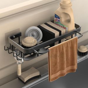 Eryi-Organisateur D'évier De Cuisine, En Métal Porte-Éponge De Cuisine, Étagère Organisateur Cuisine Avec Porte-Torchons Et Deux Crochets - Sans Perçage (Noir) - Neuf