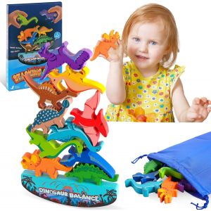 MDY-Jouet Dinosaure, Jouet à Empiler Dinosaures en Bois pour Enfants, avec Sac de Rangement, Jeu D'equilibre de Dinosaures Bloc, Montessori Jeu Éducatifs, pour Bébés 3-6 Ans, Cadeau Garçon - Neuf