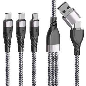 Câble Chargeur Multi Embout, 5 en 1 Universel Câble Multi USB A/C [1.2M]Câble multi chargeur de Chargement avec 2*Type C+Micro USB Connecteur pour Phone 16/15 Android Samsung Galaxy Huawei Honor - Neuf