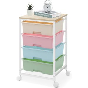 Ulteronixshop-Chariot de rangement &agrave; 4 tiroirs sur roulettes avec plateau de table en bois, pour cuisine, salon, chambre &agrave; coucher, mouvement facile, grande capacit&eacute;, 4 tiroirs, Multicolor - Neuf