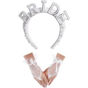 Kalvd-1 Bandeau De Perles De Mariée,1 Paire De Gants En Dentelle,Bandeau De Perles ""Bride"",Bandeau De Perles Et Diamants,Bandeau Enterrement De Vie De Jeune Fille,Accessoires Cheveux De Mariée - Neuf