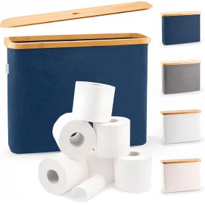 LONBET Rangement Papier Toilette pour 12 Rouleaux - Range Papier Toilette Pliable et Empilable avec Couvercle en Bambou - Organisateur de Salle de Bain &Eacute;tanche et &Eacute;l&eacute;gant - Panier Papier WC Bleu - Neuf