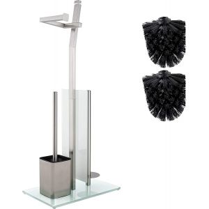 KAL-Set Wc Toilettes Avec Porte-Rouleau Et Brosse - Chrome Mat - Porte-Papier Toilette En Acier Inoxydable Brossé - Base En Verre ¿32X20X70Cm -Plus: 1+2 Têtes De Brosse De Toilette De Rechange! - Neuf