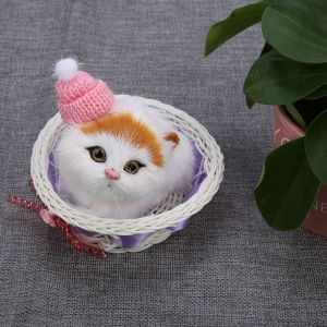 Adorables chats dans un panier en peluche, jouets en peluche, poupee de simulation de chaton avec chapeau rose sonore - Neuf