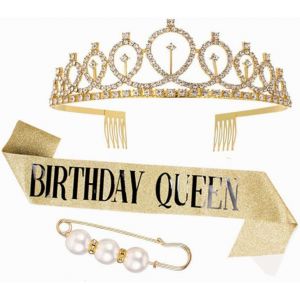 Kjdal-Couronne Et Ceinture De Reine D'anniversaire Pour Femme,Couronne Strass Avec Echarpe&iquest;Birthday Queen&iquest;,Cristal Tiara Kit Pour Fille Femme D&eacute;coration De F&ecirc;te,Or Avec Broche - Neuf