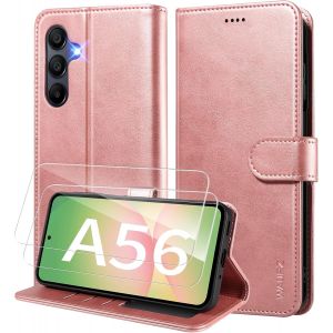 AEFJ-Coque pour Samsung Galaxy A56 5G Etui Coque avec 2 Verre Trempé Porte Carte Clapet à Rabat Portefeuille Cuir Case Housse Protection Flip Cover Étui Coque pour Samsung Galaxy A56 5G,Or Rose - Neuf