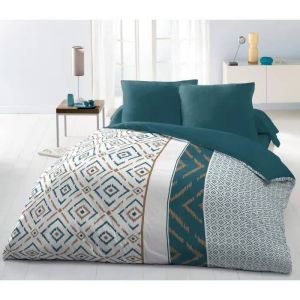 Parure De Couette Microfibre Ethno 220x240cm Et 2 Taies D'oreillers 63x63cm Bleu Canard - Neuf