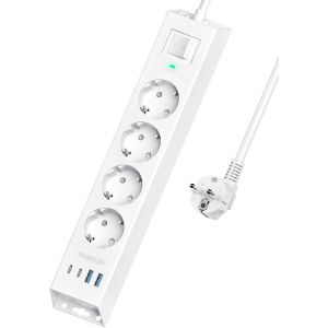 Multiprise 4 prises avec USB C,8 en 1,montage mural avec interrupteur et câble de 2 m,multiprise avec parasurtenseur pour bureau,cuisine (blanc) - Neuf