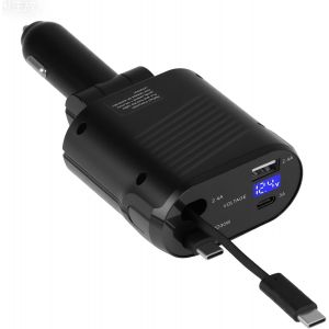 JGD-4 en 1 Chargeur Voiture R&eacute;tractable 30W PD USB C, Allume-Cigare Rapide avec 2 C&acirc;bles Type-C Int&eacute;gr&eacute;s (C+C) et 2 Ports USB-A/C, Adaptateur Auto Multiport 12V/24V pour T&eacute;l&eacute;phone, Tablette, GPS, App - Neuf