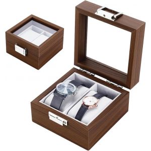 Kal-Boîte De Rangement Carrée En Bois À 2 Emplacements Pour Montres, Avec Couvercle En Verre, Coussins Amovibles Pour Homme Et Femme - Neuf