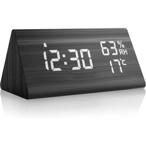 Réveil numérique en bois avec fonction snooze/date/température et humidité - noir - Neuf