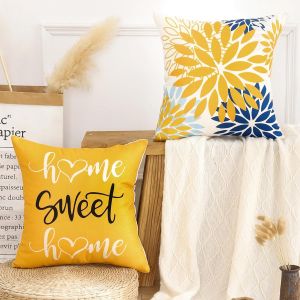 Cauc-Housse Coussin 45x45 D&eacute;coratif Canap&eacute; Jaune Moutarde Bleu Dahlia Fleurs Taie D'oreiller Automne Coussin De Canap&eacute; Moderne Boho Taie D'oreiller Pour Salon, Chambre, Chaise, Lit,Jardin Lot De 2 - Neuf