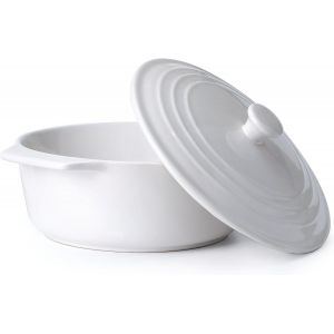 JEXNOVASHOP-Cocotte ronde en c&eacute;ramique avec couvercle - Passe au four - 23 cm - Blanc - Neuf