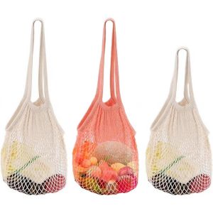MEVRONISSHOP-3 Pcs Sac Filet, Sacs Legumes Courses, Sacs de Courses et Cabas, Poign&eacute;e de Sac &agrave; Provisions R&eacute;utilisable en Coton en Maille Portables Pliables pour Fruits L&eacute;gumes Voyages Sorties Plage - Neuf
