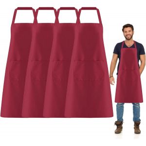 ERYI-4 Pièces Chef Tabliers, Tablier De Cuisine, Personnalisé Tablier Avec 2 Poches, Tablier De Barbecue Pour Homme Femme Pour Cuisine, Barbecue, Jardinage, Café, Restaurant (Vin Rouge) - Neuf
