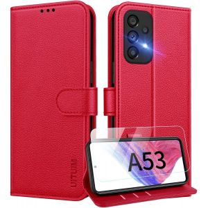 ELVORIX-Coque pour Samsung Galaxy A53 5G Coque Etui Portefeuille Cuir avec Verre Tremp&eacute; Protection &Eacute;cran Porte Carte Rabat Clapet Flip Case &Eacute;tui Cover Housse Etui pour Samsung Galaxy A53 5G,Rouge - Neuf