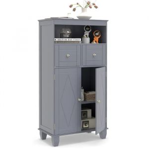 COSTWAY Colonne Salle de Bain avec 2 Tiroirs, Placard &agrave; 2 Portes, Compartiment Ouvert, &Eacute;tag&egrave;re R&eacute;glable pour Salon, Cuisine, Gris - Neuf