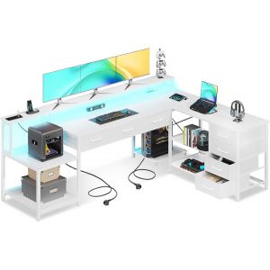 SUBZONAL-Bureau Gaming Angle avec 7 Tiroirs et Grand Espace de Rangement, 199.5&times;145.5cm Bureau d'angle avec LED, Table en L R&eacute;versible avec et Prises, Id&eacute;al pour Bureau & Gaming, Blanc - Neuf