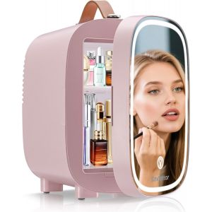 CHECARZHN--NO1-Mini Frigo 4L/6 Canettes, Petit Réfrigérateurs Pour Soins De La Peau Avec Miroir Lumineux Led, Ca + 12V Cc, Refroidisseur Et Réchauffeur, Pour Chambres, Voiture, Cosmétiques, Rose - Neuf