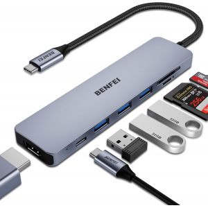 Hub USB C 7 en 1, Adaptateur multiport USB-C, avec HDMI (certifi&eacute; 4K @ 60Hz), Alimentation 100 W, 3 Ports USB 3.0 5 Gbps/Lecteur de Carte SD/TF (160 Mo/s) pour iPhone 15 Pro/Max MacBook iPad - Neuf