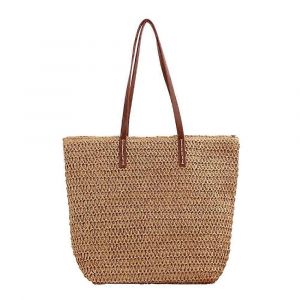 Femmes tiss&eacute; &agrave; la main en Paille Sac &agrave; Bandouli&egrave;re Grande Plage l'&Eacute;t&eacute;, en Cuir Poign&eacute;es de Sac &agrave; main Fourre-tout avec fermeture &eacute;clair Brun - Neuf