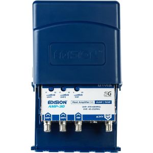 AMP-30 Pr&eacute;amplificateur de m&acirc;t Antenne TV TNT 2UHF, 1VHF/FM, 17-32db R&eacute;glable, 107dBmV, 24V, pour Num&eacute;rique Terrestre DVB-T/T2, UHF 470-694Mhz, VHF/FM 45-232MHz, avec Filtre 5G LTE - Neuf