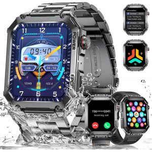 Shou-Montre Connectée Homme(3 Bretelles),1,96"" Montre Tactile Connecté Militaire 100+ Modes Sportifs,400mah 5atm Étanche,Moniteur Fréquence Cardiaque Podomètre Fitness Tracker Smartwatch Ios Android - Neuf