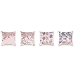 Lot De 4 Taies D'oreiller En Velours Rose Poudr&eacute; Et Peau De P&ecirc;che - 45 X 45 Cm, Impression Recto - Neuf