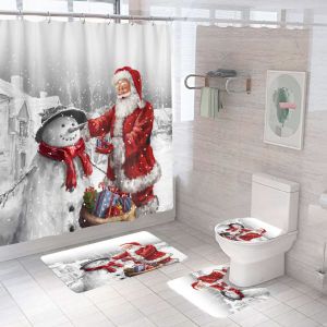 4 Pi&egrave;ces Santa Claus Rideaux de Douche avec des Tapis antid&eacute;rapants, Couvercle des Toilettes et Tapis de Bain, Vintage Imperm&eacute;able salle de Bain Rideau de Douche avec 12 Crochets - Neuf